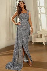 New Arrival Gray One Shoulder Sequins Evening Dress Long Mermaid With Ruffle